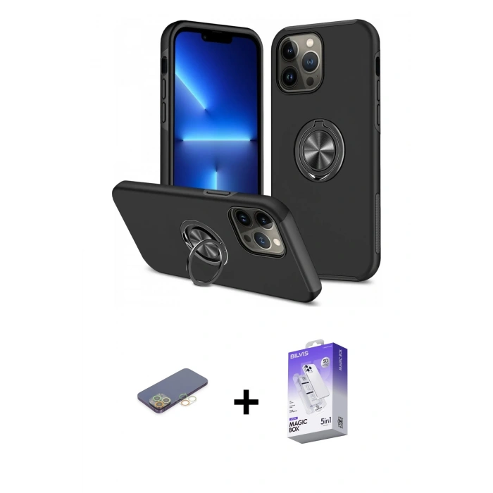 MARSİLYAN™- iPhone 13 Pro Max Kılıf Odak Form Prime - Siyah Bilvis 5in1 3D Magic Cam Ekran Koruyucu + Renkli Kamera Lens Koruma Cam - SI