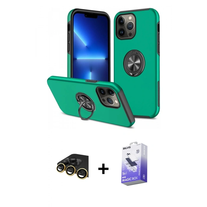 MARSİLYAN™- iPhone 13 Pro Max Kılıf Odak Form Prime - Siyah Bilvis 5in1 5D Magic Hayalet Cam Ekran Koruyucu + Raze Metal Kamera Lens - GD