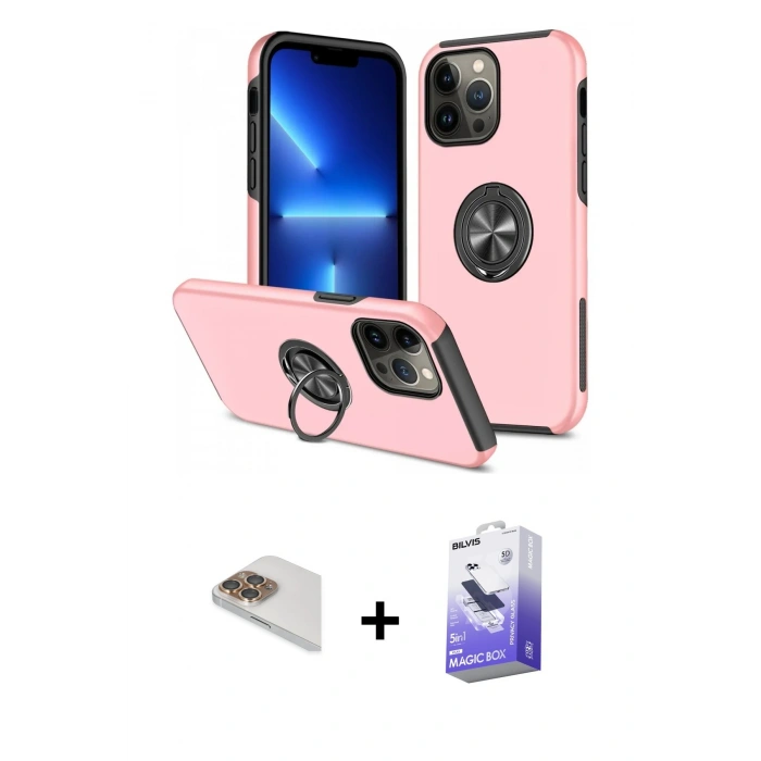 MARSİLYAN™- iPhone 13 Pro Max Kılıf Odak Form Prime - Siyah Bilvis 5in1 5D Magic Hayalet Cam Ekran Koruyucu + Pers Alüminyum Kamera Lens - GD