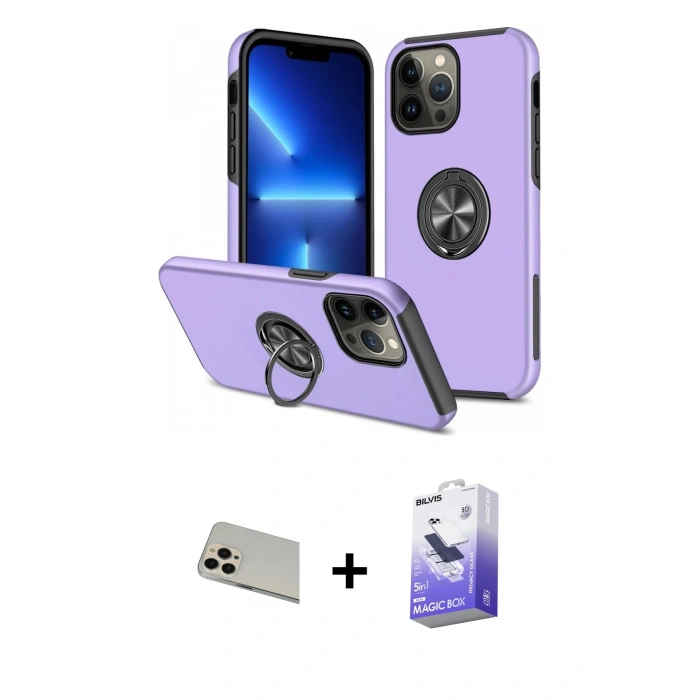 MARSİLYAN™- iPhone 13 Pro Max Kılıf Odak Form Prime - Siyah Bilvis 5in1 5D Magic Hayalet Cam Ekran Koruyucu + Rose Gold Rainbow Kamera Lens Koruma Cam