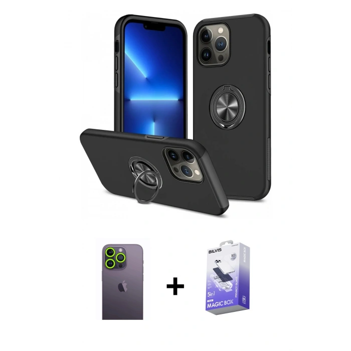 MARSİLYAN™- iPhone 13 Pro Max Kılıf Odak Form Prime - Siyah Bilvis 5in1 5D Magic Hayalet Cam Ekran Koruyucu + Neon Fosforlu Kamera Lens - YL