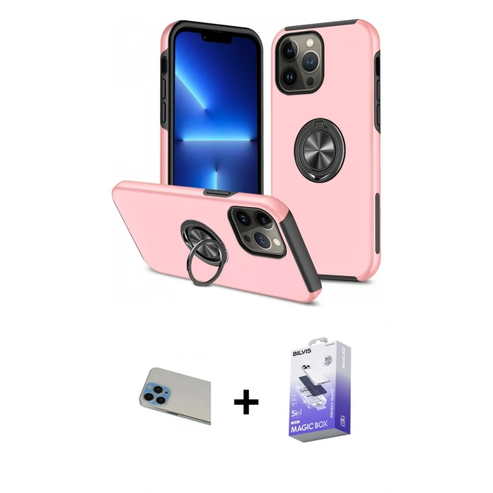 MARSİLYAN™- iPhone 13 Pro Max Kılıf Odak Form Prime - Siyah Bilvis 5in1 5D Magic Hayalet Cam Ekran Koruyucu + Rainbow Kamera Lens Koruma Cam - MI