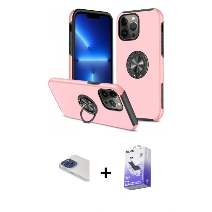 MARSİLYAN™- iPhone 13 Pro Max Kılıf Odak Form Prime - Siyah Bilvis 5in1 5D Magic Hayalet Cam Ekran Koruyucu + Pers Alüminyum Kamera Lens - LT