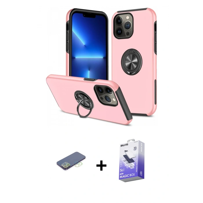 MARSİLYAN™- iPhone 13 Pro Max Kılıf Odak Form Prime - Siyah Bilvis 5in1 5D Magic Hayalet Cam Ekran Koruyucu + Yeşil Renkli Kamera Lens Koruma Cam