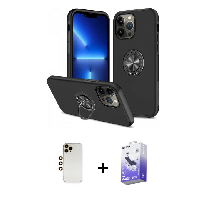 MARSİLYAN™- iPhone 13 Pro Max Kılıf Odak Form Prime - Siyah Bilvis 5in1 5D Magic Hayalet Cam Ekran Koruyucu + Shine Kamera Lens - GD