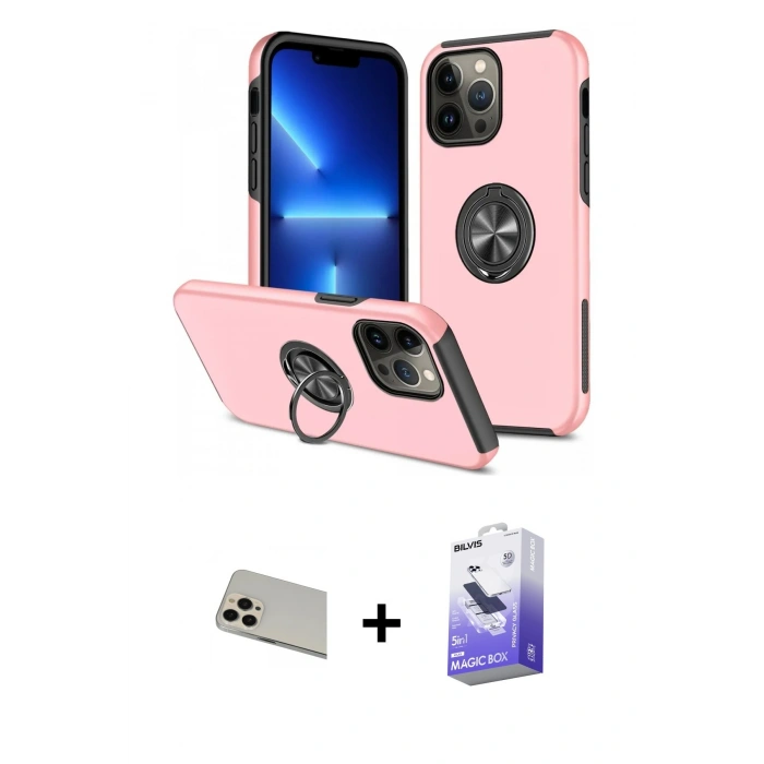MARSİLYAN™- iPhone 13 Pro Max Kılıf Odak Form Prime - Siyah Bilvis 5in1 5D Magic Hayalet Cam Ekran Koruyucu + Rose Gold Rainbow Kamera Lens Koruma Cam