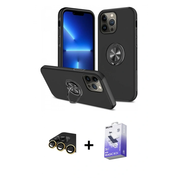 MARSİLYAN™- iPhone 13 Pro Max Kılıf Odak Form Prime - Siyah Bilvis 5in1 5D Magic Hayalet Cam Ekran Koruyucu + Raze Metal Kamera Lens - GD