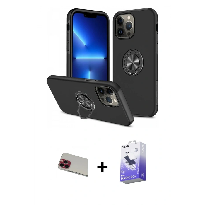 MARSİLYAN™- iPhone 13 Pro Max Kılıf Odak Form Prime - Siyah Bilvis 5in1 5D Magic Hayalet Cam Ekran Koruyucu + Rainbow Kamera Lens Koruma Cam - KI