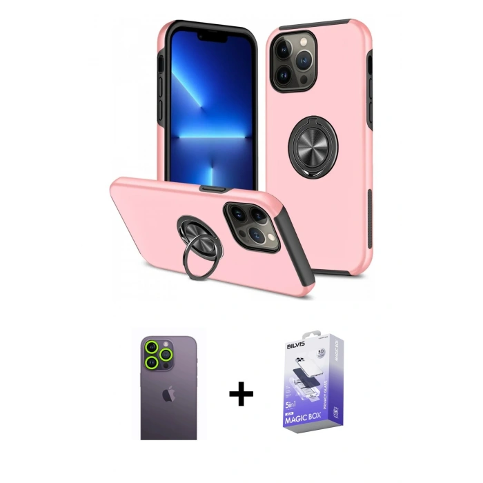 MARSİLYAN™- iPhone 13 Pro Max Kılıf Odak Form Prime - Siyah Bilvis 5in1 5D Magic Hayalet Cam Ekran Koruyucu + Neon Fosforlu Kamera Lens - YL