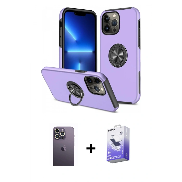 MARSİLYAN™- iPhone 13 Pro Max Kılıf Odak Form Prime - Siyah Bilvis 5in1 5D Magic Hayalet Cam Ekran Koruyucu + Neon Fosforlu Kamera Lens - BZ