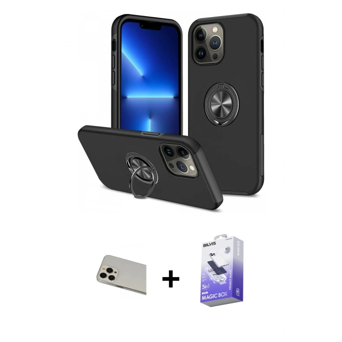 MARSİLYAN™- iPhone 13 Pro Max Kılıf Odak Form Prime - Siyah Bilvis 5in1 5D Magic Hayalet Cam Ekran Koruyucu + Rose Gold Rainbow Kamera Lens Koruma Cam