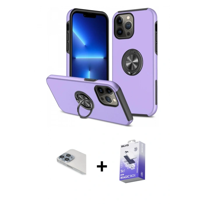 MARSİLYAN™- iPhone 13 Pro Max Kılıf Odak Form Prime - Siyah Bilvis 5in1 5D Magic Hayalet Cam Ekran Koruyucu + Pers Alüminyum Kamera Lens - SABE