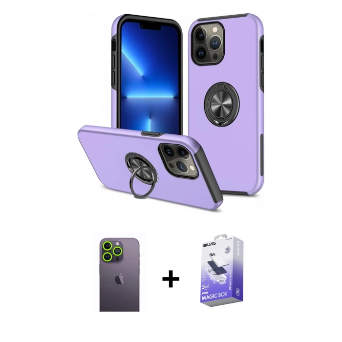 MARSİLYAN™- iPhone 13 Pro Max Kılıf Odak Form Prime - Siyah Bilvis 5in1 5D Magic Hayalet Cam Ekran Koruyucu + Neon Fosforlu Kamera Lens - YL