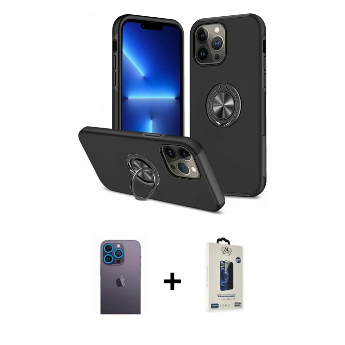 MARSİLYAN™- iPhone 13 Pro Max Kılıf Odak Form Prime - Siyah Bilvis Hayalet Cam Ekran Koruyucu + Neon Fosforlu Kamera Lens - MI