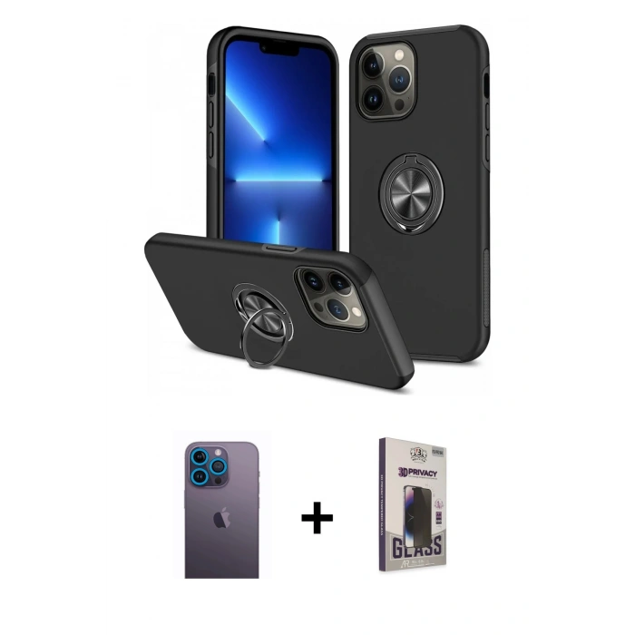 MARSİLYAN™- iPhone 13 Pro Max Kılıf Odak Form Prime - Siyah Bilvis Hayalet Cam Ekran Koruyucu + Neon Fosforlu Kamera Lens - MI