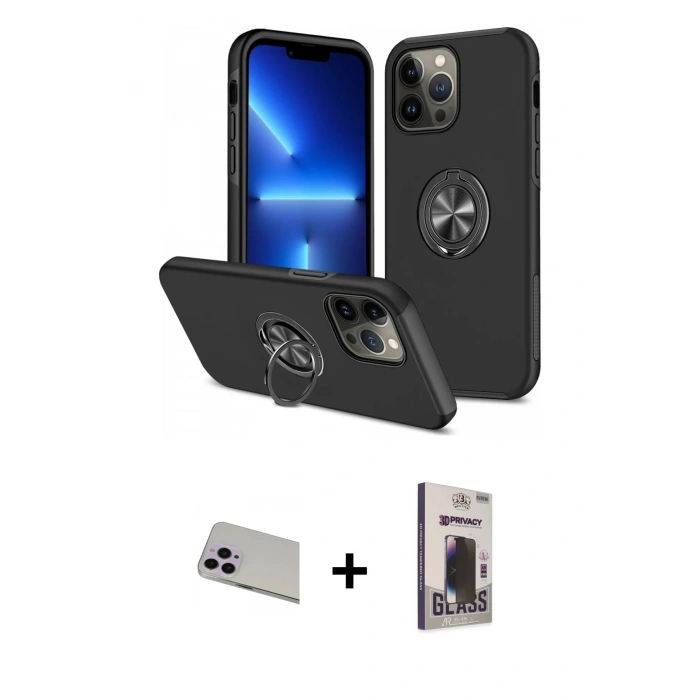 MARSİLYAN™- iPhone 13 Pro Max Kılıf Odak Form Prime - Siyah Bilvis Hayalet Cam Ekran Koruyucu + Rainbow Kamera Lens Koruma Cam - MR