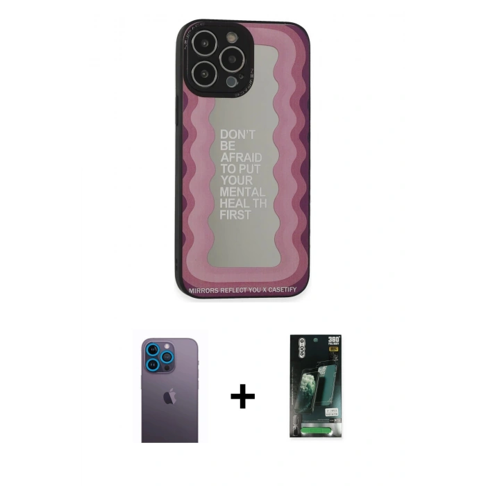 MARSİLYAN™- iPhone 13 Pro Max Kılıf Odak Klasik Serisi - Şeffaf 360 Full Body Arka Koruyucu + Mavi Neon Fosforlu Kamera Lens