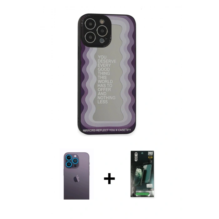 MARSİLYAN™- iPhone 13 Pro Max Kılıf Odak Klasik Serisi - Şeffaf 360 Full Body Arka Koruyucu + Mavi Neon Fosforlu Kamera Lens