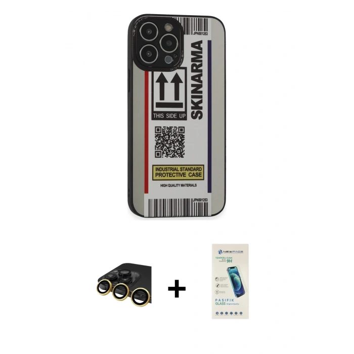MARSİLYAN™- iPhone 13 Pro Max Kılıf Odak Klasik Serisi - Şeffaf Pasifik Cam Ekran Koruyucu + Gold Raze Metal Kamera Lens