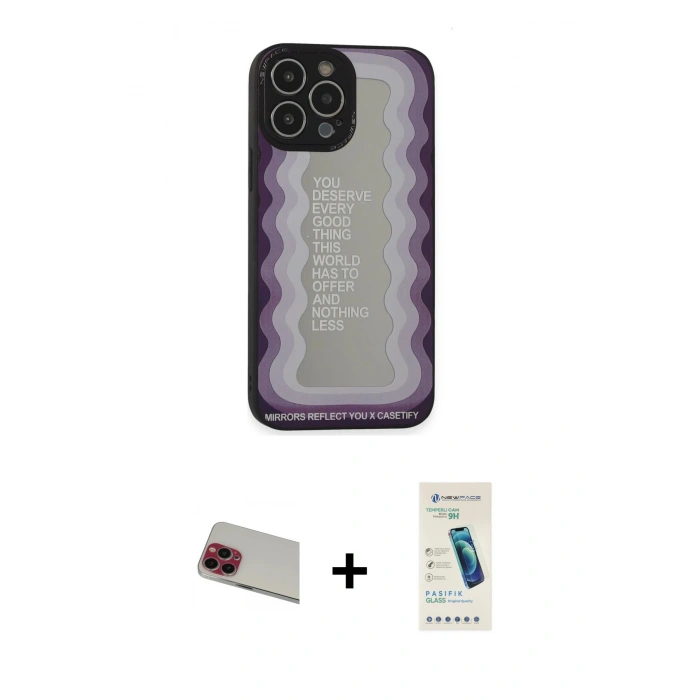 MARSİLYAN™- iPhone 13 Pro Max Kılıf Odak Klasik Serisi - Şeffaf Pasifik Cam Ekran Koruyucu + Kırmızı Rainbow Kamera Lens Koruma Cam