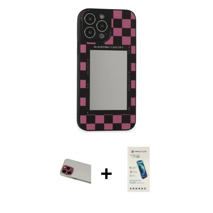 MARSİLYAN™- iPhone 13 Pro Max Kılıf Odak Klasik Serisi - Şeffaf Pasifik Cam Ekran Koruyucu + Kırmızı Rainbow Kamera Lens Koruma Cam