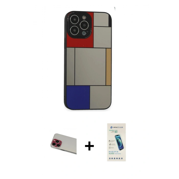 MARSİLYAN™- iPhone 13 Pro Max Kılıf Odak Klasik Serisi - Şeffaf Pasifik Cam Ekran Koruyucu + Kırmızı Rainbow Kamera Lens Koruma Cam