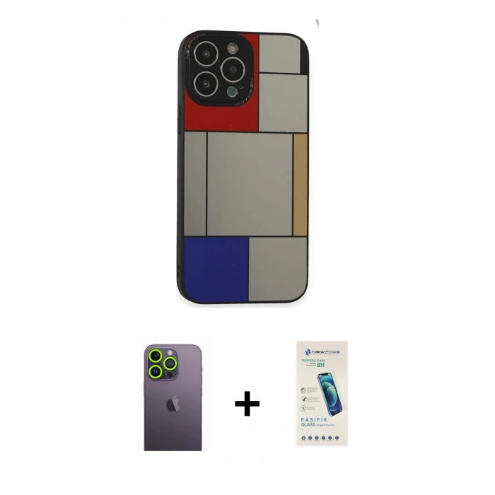 MARSİLYAN™- iPhone 13 Pro Max Kılıf Odak Klasik Serisi - Şeffaf Pasifik Cam Ekran Koruyucu + Neon Fosforlu Kamera Lens - YL