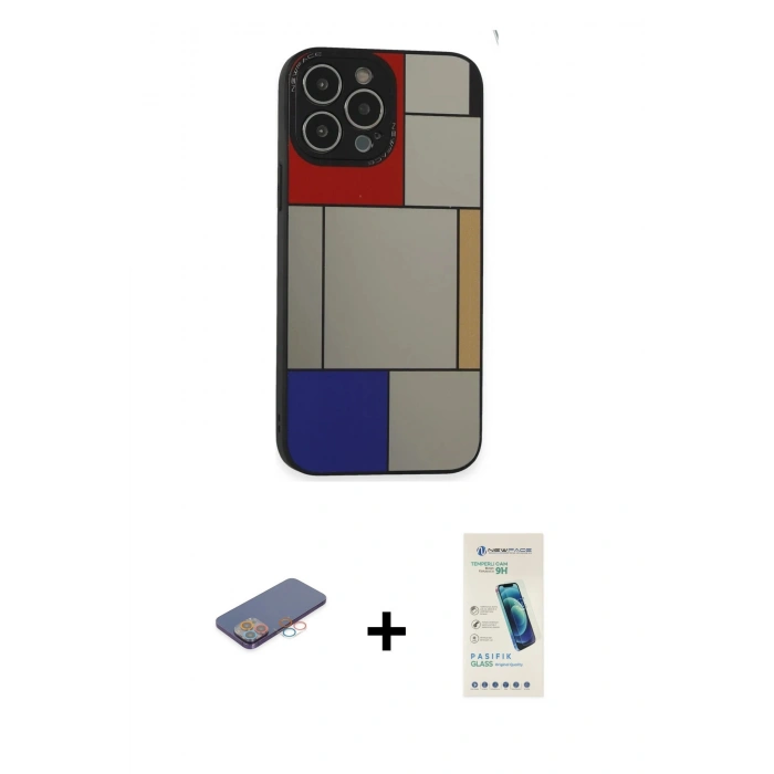 MARSİLYAN™- iPhone 13 Pro Max Kılıf Odak Klasik Serisi - Şeffaf Pasifik Cam Ekran Koruyucu + Renkli Kamera Lens Koruma Cam - PE