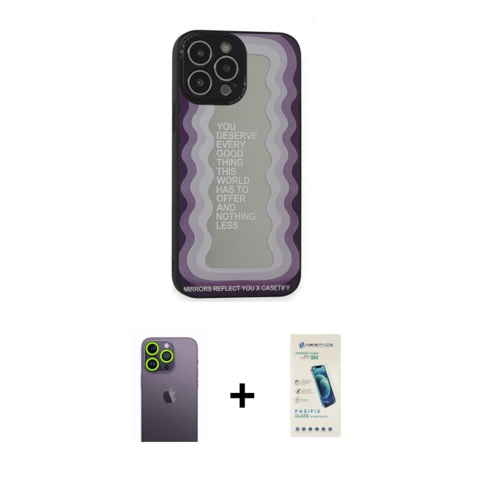 MARSİLYAN™- iPhone 13 Pro Max Kılıf Odak Klasik Serisi - Şeffaf Pasifik Cam Ekran Koruyucu + Neon Fosforlu Kamera Lens - YL
