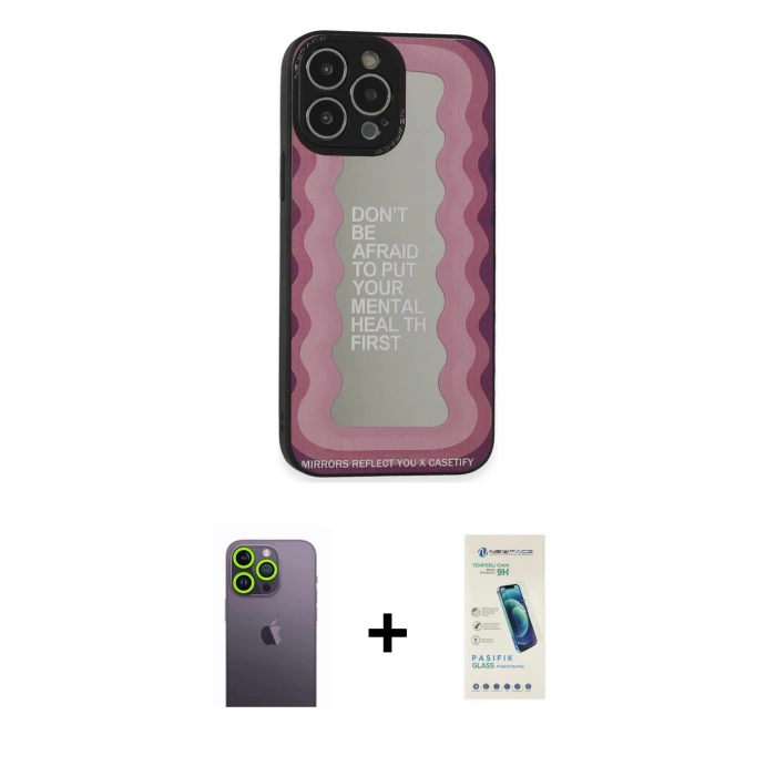 MARSİLYAN™- iPhone 13 Pro Max Kılıf Odak Klasik Serisi - Şeffaf Pasifik Cam Ekran Koruyucu + Neon Fosforlu Kamera Lens - YL