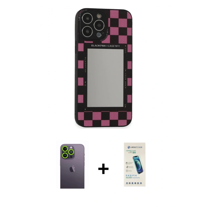 MARSİLYAN™- iPhone 13 Pro Max Kılıf Odak Klasik Serisi - Şeffaf Pasifik Cam Ekran Koruyucu + Neon Fosforlu Kamera Lens - YL