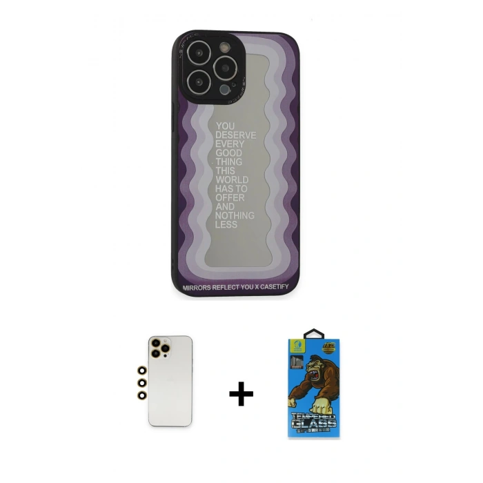 MARSİLYAN™- iPhone 13 Pro Max Kılıf Odak Klasik Serisi - Siyah 18D Cam Ekran Koruyucu + Gold Shine Kamera Lens