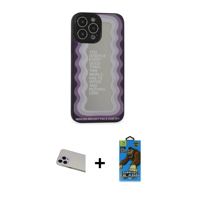 MARSİLYAN™- iPhone 13 Pro Max Kılıf Odak Klasik Serisi - Siyah 18D Cam Ekran Koruyucu + Mor Rainbow Kamera Lens Koruma Cam