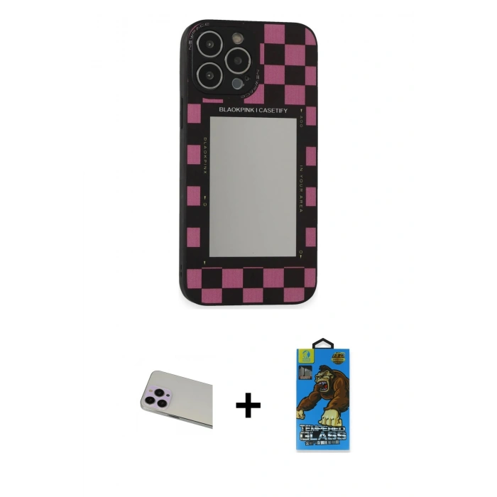 MARSİLYAN™- iPhone 13 Pro Max Kılıf Odak Klasik Serisi - Siyah 18D Cam Ekran Koruyucu + Mor Rainbow Kamera Lens Koruma Cam