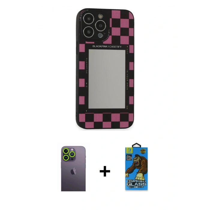 MARSİLYAN™- iPhone 13 Pro Max Kılıf Odak Klasik Serisi - Siyah 18D Cam Ekran Koruyucu + Neon Fosforlu Kamera Lens - YL