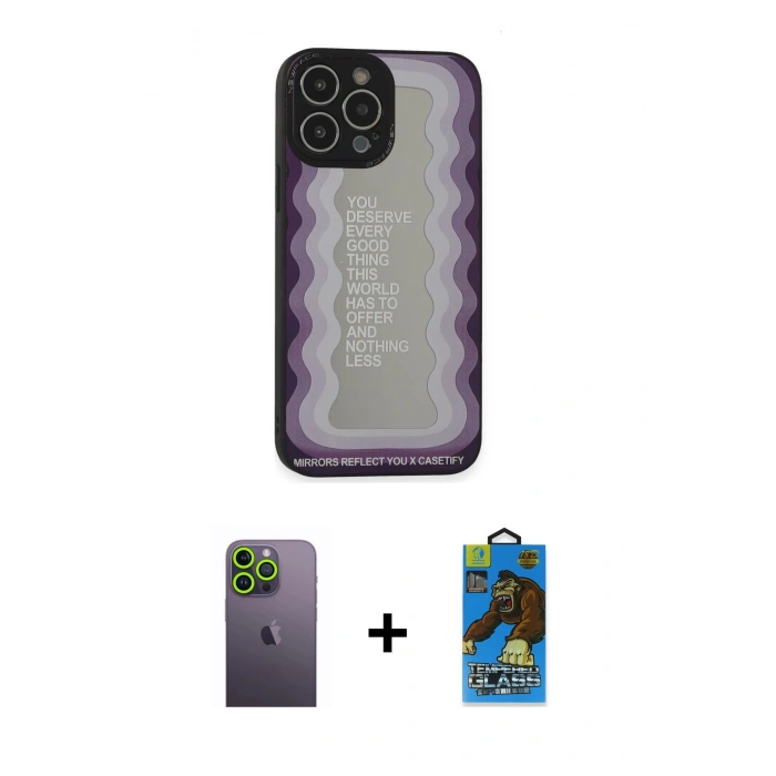MARSİLYAN™- iPhone 13 Pro Max Kılıf Odak Klasik Serisi - Siyah 18D Cam Ekran Koruyucu + Neon Fosforlu Kamera Lens - YL