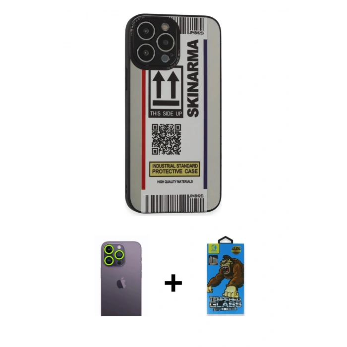 MARSİLYAN™- iPhone 13 Pro Max Kılıf Odak Klasik Serisi - Siyah 18D Cam Ekran Koruyucu + Neon Fosforlu Kamera Lens - YL
