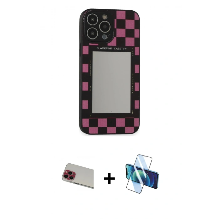 MARSİLYAN™- iPhone 13 Pro Max Kılıf Odak Klasik Serisi - Siyah 3D Antistatik Cam Ekran Koruyucu + Rainbow Kamera Lens Koruma Cam - KI