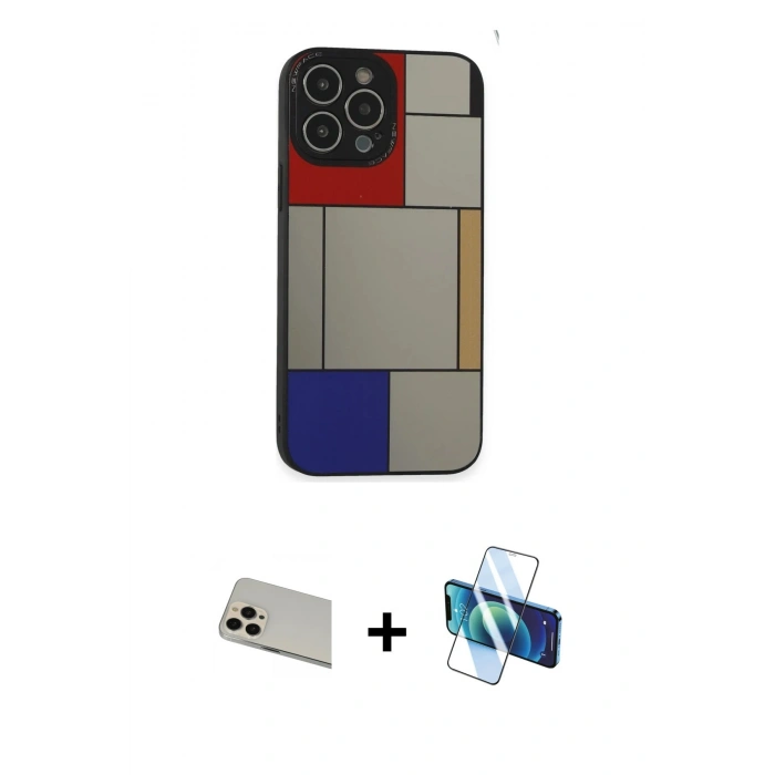 MARSİLYAN™- iPhone 13 Pro Max Kılıf Odak Klasik Serisi - Siyah 3D Antistatik Cam Ekran Koruyucu + Rainbow Kamera Lens Koruma Cam - REGD
