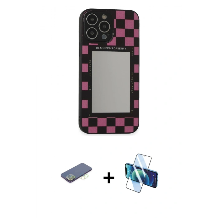 MARSİLYAN™- iPhone 13 Pro Max Kılıf Odak Klasik Serisi - Siyah 3D Antistatik Cam Ekran Koruyucu + Renkli Kamera Lens Koruma Cam - YL