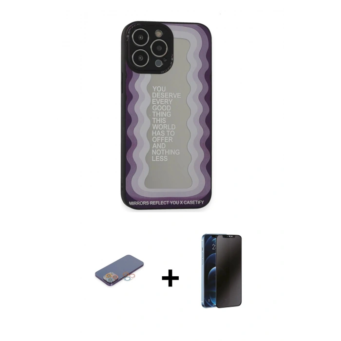 MARSİLYAN™- iPhone 13 Pro Max Kılıf Odak Klasik Serisi - Siyah 3D Antistatik Hayalet Cam Ekran Koruyucu + Renkli Kamera Lens Koruma Cam - PE
