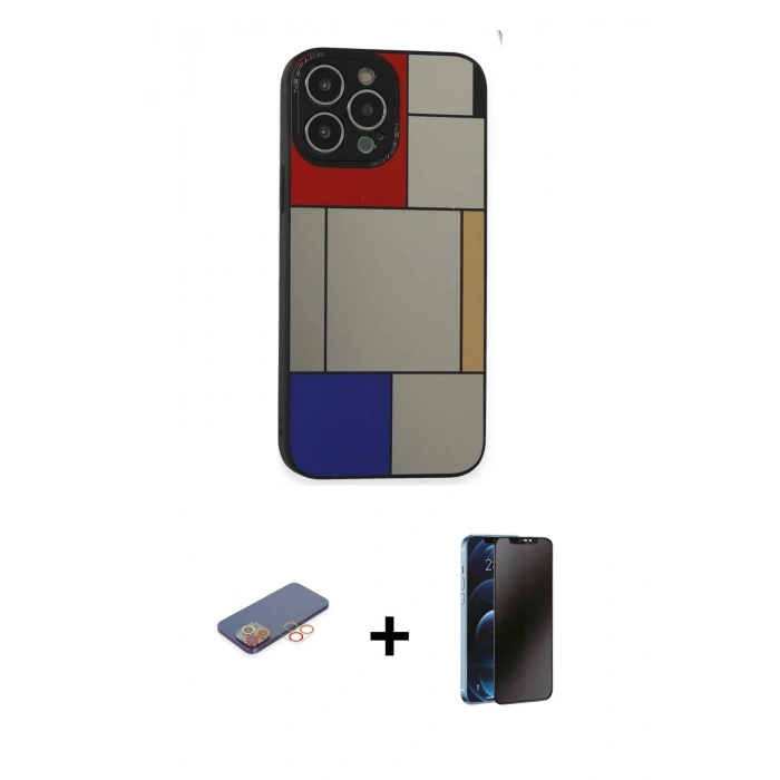 MARSİLYAN™- iPhone 13 Pro Max Kılıf Odak Klasik Serisi - Siyah 3D Antistatik Hayalet Cam Ekran Koruyucu + Renkli Kamera Lens Koruma Cam - TU
