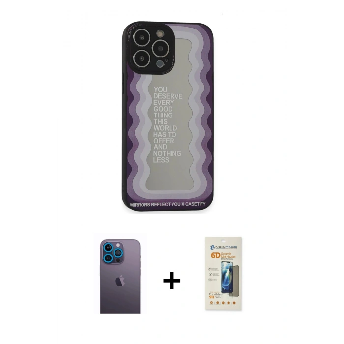 MARSİLYAN™- iPhone 13 Pro Max Kılıf Odak Klasik Serisi - Siyah 6D Mat Seramik Hayalet Nano Ekran Koruyucu + Neon Fosforlu Kamera Lens - MI