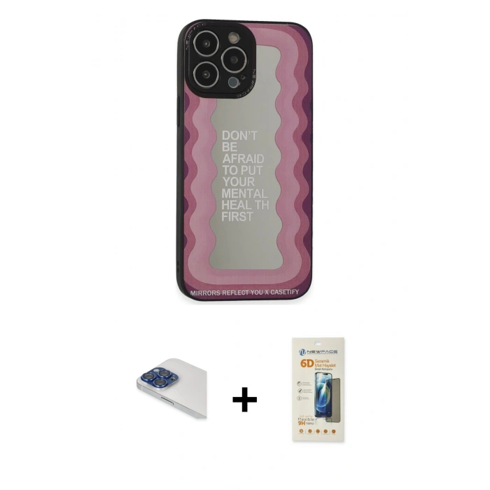 MARSİLYAN™- iPhone 13 Pro Max Kılıf Odak Klasik Serisi - Siyah 6D Mat Seramik Hayalet Nano Ekran Koruyucu + Lacivert Pers Alüminyum Kamera Lens