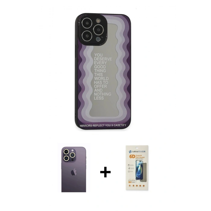MARSİLYAN™- iPhone 13 Pro Max Kılıf Odak Klasik Serisi - Siyah 6D Mat Seramik Hayalet Nano Ekran Koruyucu + Neon Fosforlu Kamera Lens - BZ