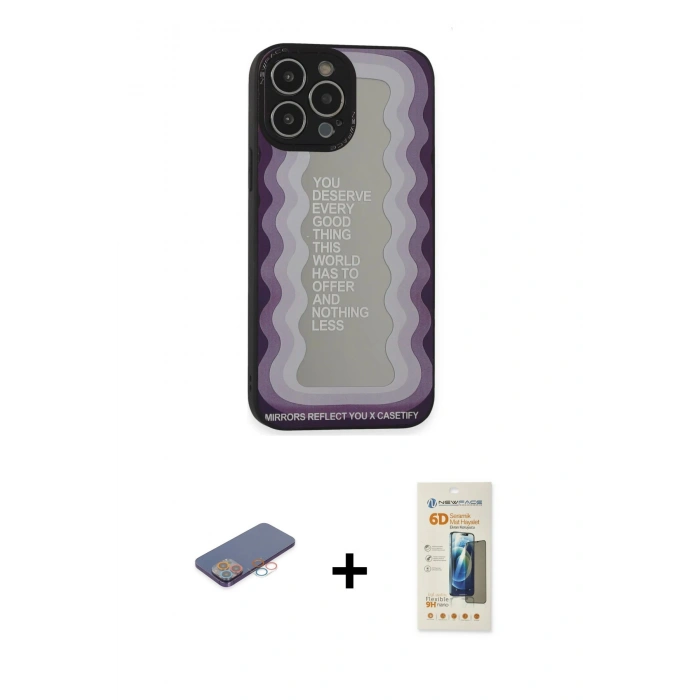 MARSİLYAN™- iPhone 13 Pro Max Kılıf Odak Klasik Serisi - Siyah 6D Mat Seramik Hayalet Nano Ekran Koruyucu + Pembe Renkli Kamera Lens Koruma Cam