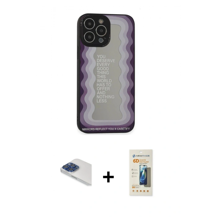 MARSİLYAN™- iPhone 13 Pro Max Kılıf Odak Klasik Serisi - Siyah 6D Mat Seramik Hayalet Nano Ekran Koruyucu + Lacivert Pers Alüminyum Kamera Lens