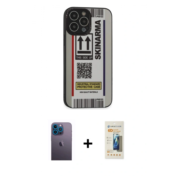 MARSİLYAN™- iPhone 13 Pro Max Kılıf Odak Klasik Serisi - Siyah 6D Mat Seramik Hayalet Nano Ekran Koruyucu + Neon Fosforlu Kamera Lens - MI
