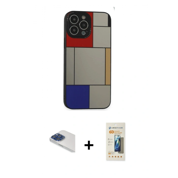 MARSİLYAN™- iPhone 13 Pro Max Kılıf Odak Klasik Serisi - Siyah 6D Mat Seramik Hayalet Nano Ekran Koruyucu + Lacivert Pers Alüminyum Kamera Lens