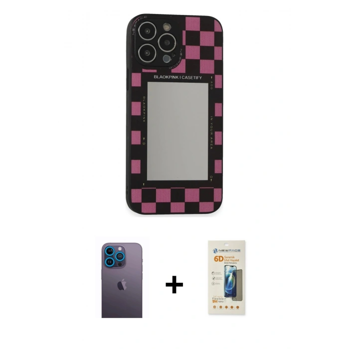 MARSİLYAN™- iPhone 13 Pro Max Kılıf Odak Klasik Serisi - Siyah 6D Mat Seramik Hayalet Nano Ekran Koruyucu + Neon Fosforlu Kamera Lens - MI